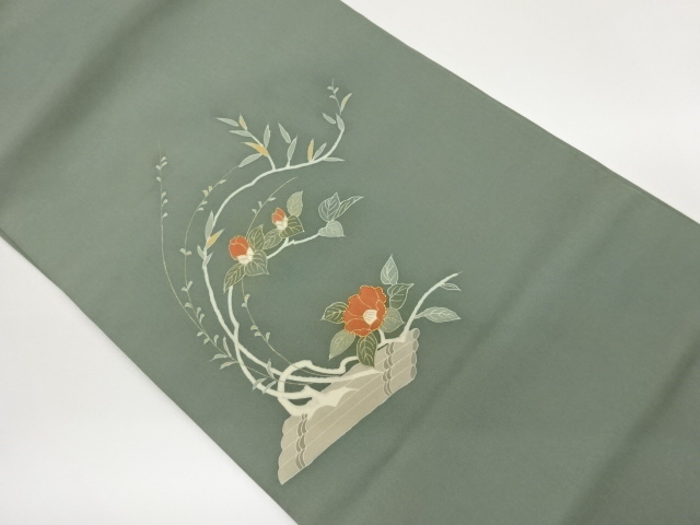 JAPANESE NAGOYA OBI / SHIOZE / KINSAI / EMBROIDERY / CAMELLIA